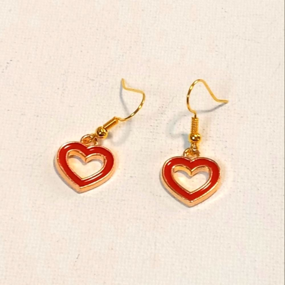 Gold Plated Red Enamel Hollow Heart Earrings